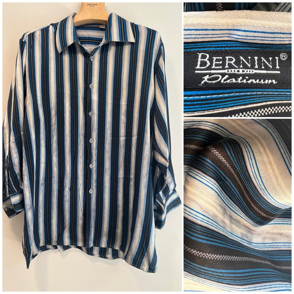Bernini Platinum Silk Button Down Dress Shirt Blue Silver Stripes Size XXL JP